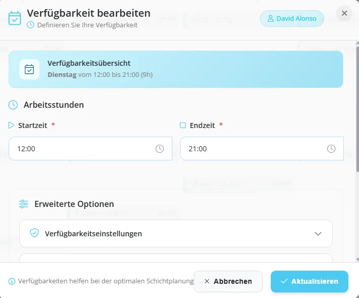 Verfügbarkeit bearbeiten Dialog