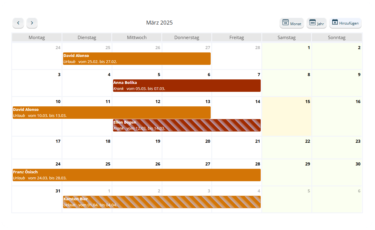 Monatsansicht des Abwesenheitskalenders
