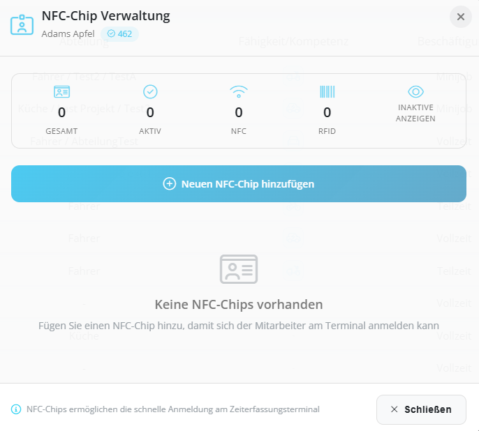 NFC-Chip Verwaltung für Terminal-Zeiterfassung