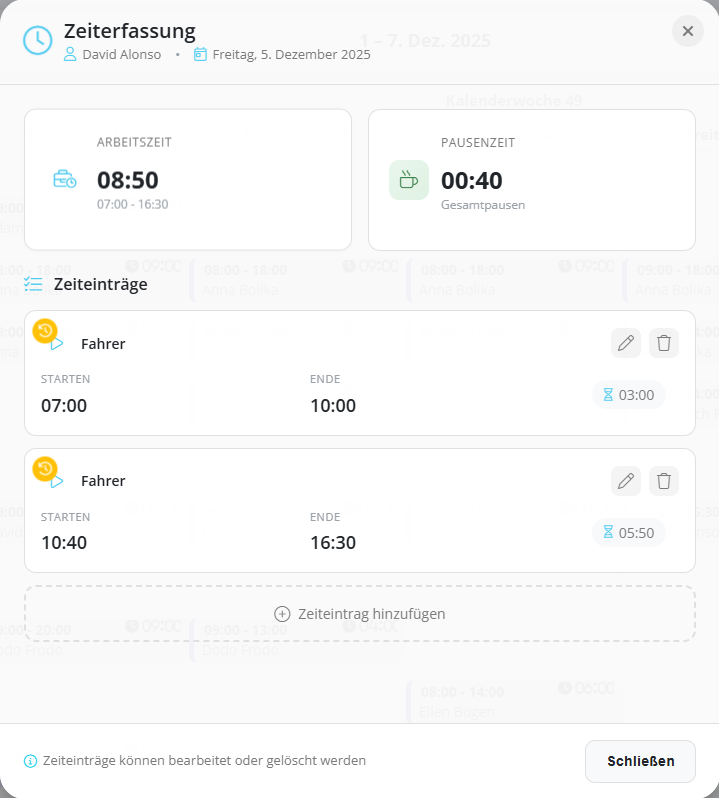 Zeiteintrags-Details mit Arbeitszeit und Pausenzeit